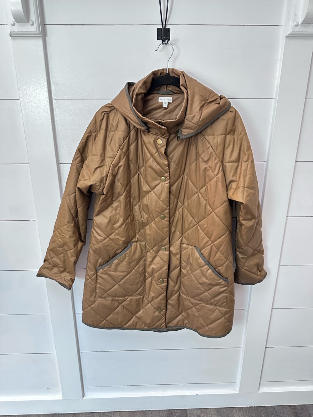 Garnet Hill Essential 12 Camel quilted hooded puffer car coat jacket gorpcore